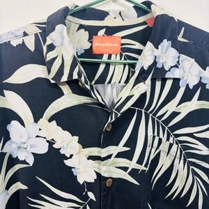 Tommy Bahama Shirt Mens Black Blue Floral Silk Hawaiian Button Up XXL